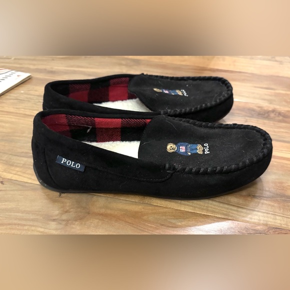 Polo Ralph Lauren Men’s Declan Bear Microsuede Slippers Black 10 Fleece Lined - Picture 3 of 7